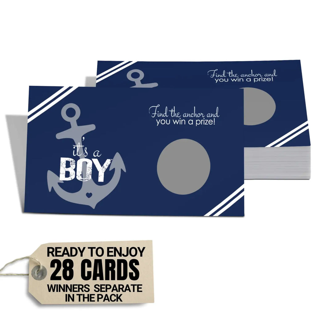 Nautical Baby Shower Games Boys - 28 Cards - Fun Scratch Off Game Guest Activities to Win Prizes Anchor Favors Blue and Grey Theme Pack Ideas