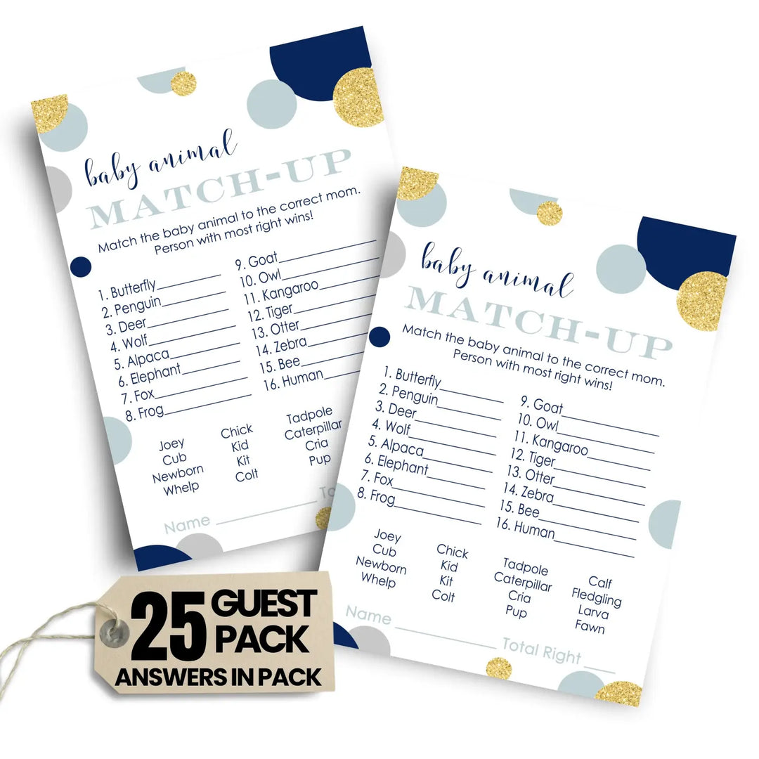 Navy and Gold Baby Shower Animal Matching Game Card (25 Pack)