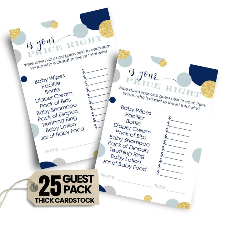 Navy and Gold Guess the Price Baby Shower Games – 25 Guests, Royal Prince Themed Activities for Boys, Twinkle Little Star 4x6 Card Set