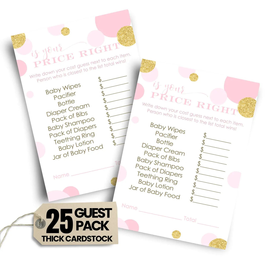 Pink and Gold Guess the Price Baby Shower Games – 25 Guests, Modern Princess Themed Activities for Girls, Twinkle Little Star 4x6 Card Set