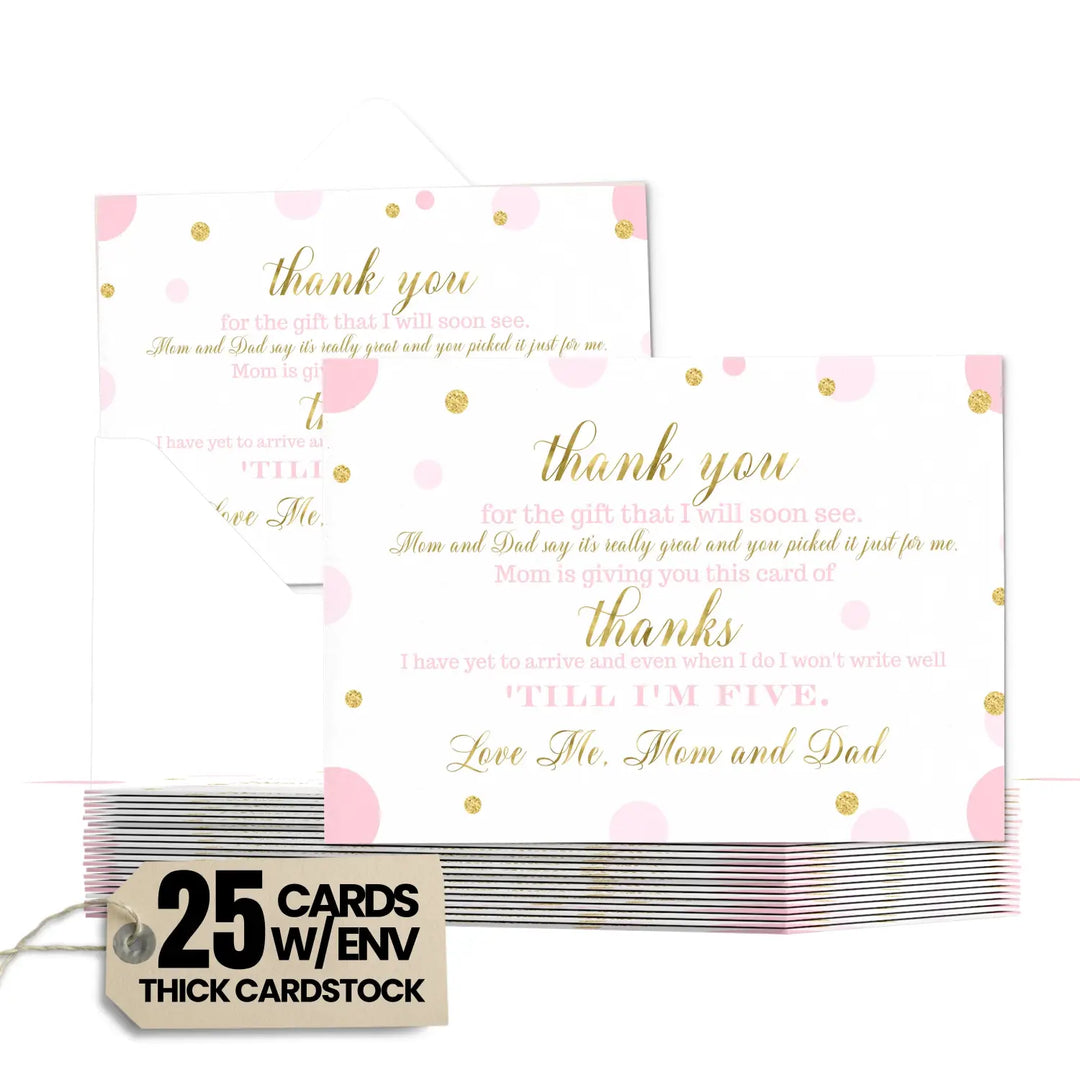 Pink and Gold Thank You Cards for Baby Girl Shower – Personalized Notecards (Pack of 25)