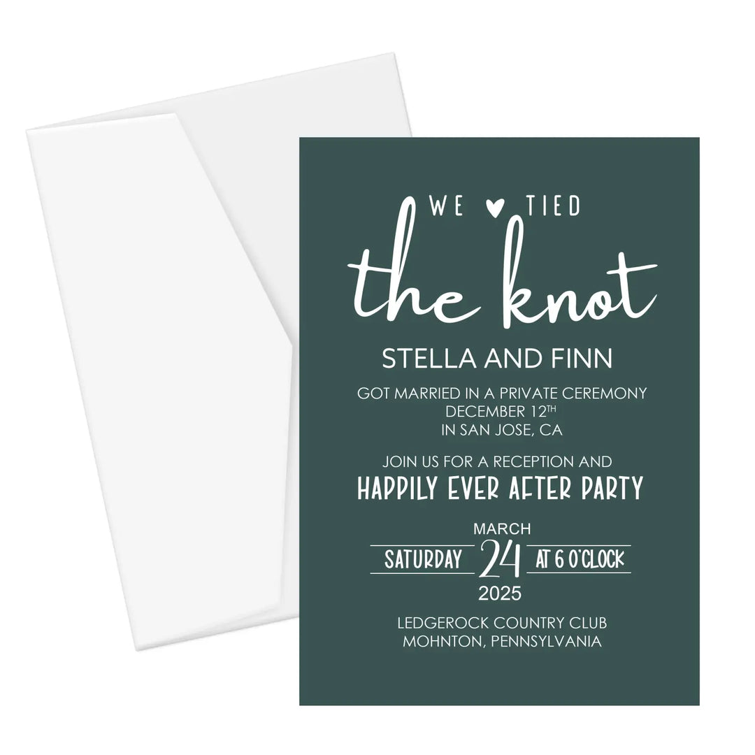 Huntress we tied the knot wedding reception invitations - customizable details premium 120lb cardstock & envelopes