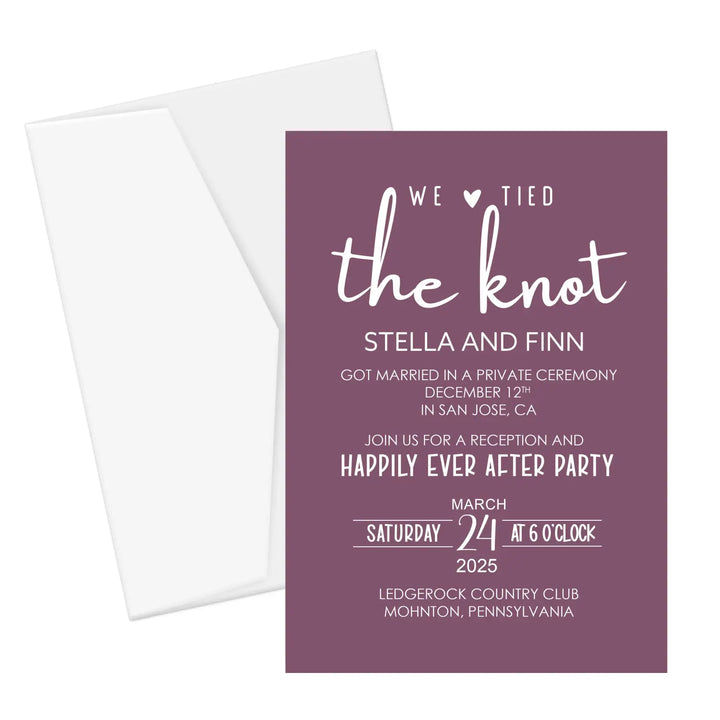 Huntress we tied the knot wedding reception invitations - customizable details premium 120lb cardstock & envelopes