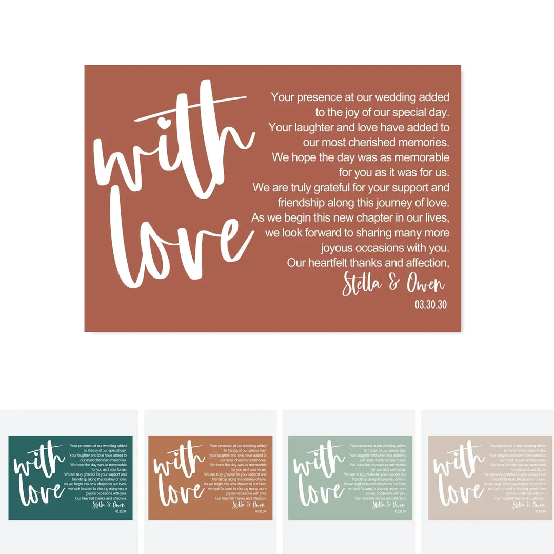 Customizable wedding thank you place setting cards - personalize with newlyweds names & date - choose your pack size