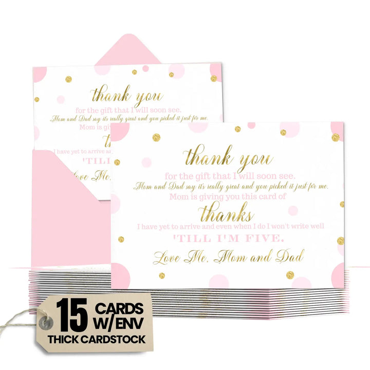 Pink and Gold Girls Baby Shower Thank You Cards - 15 Pack Luxurious Notecards, 4x6