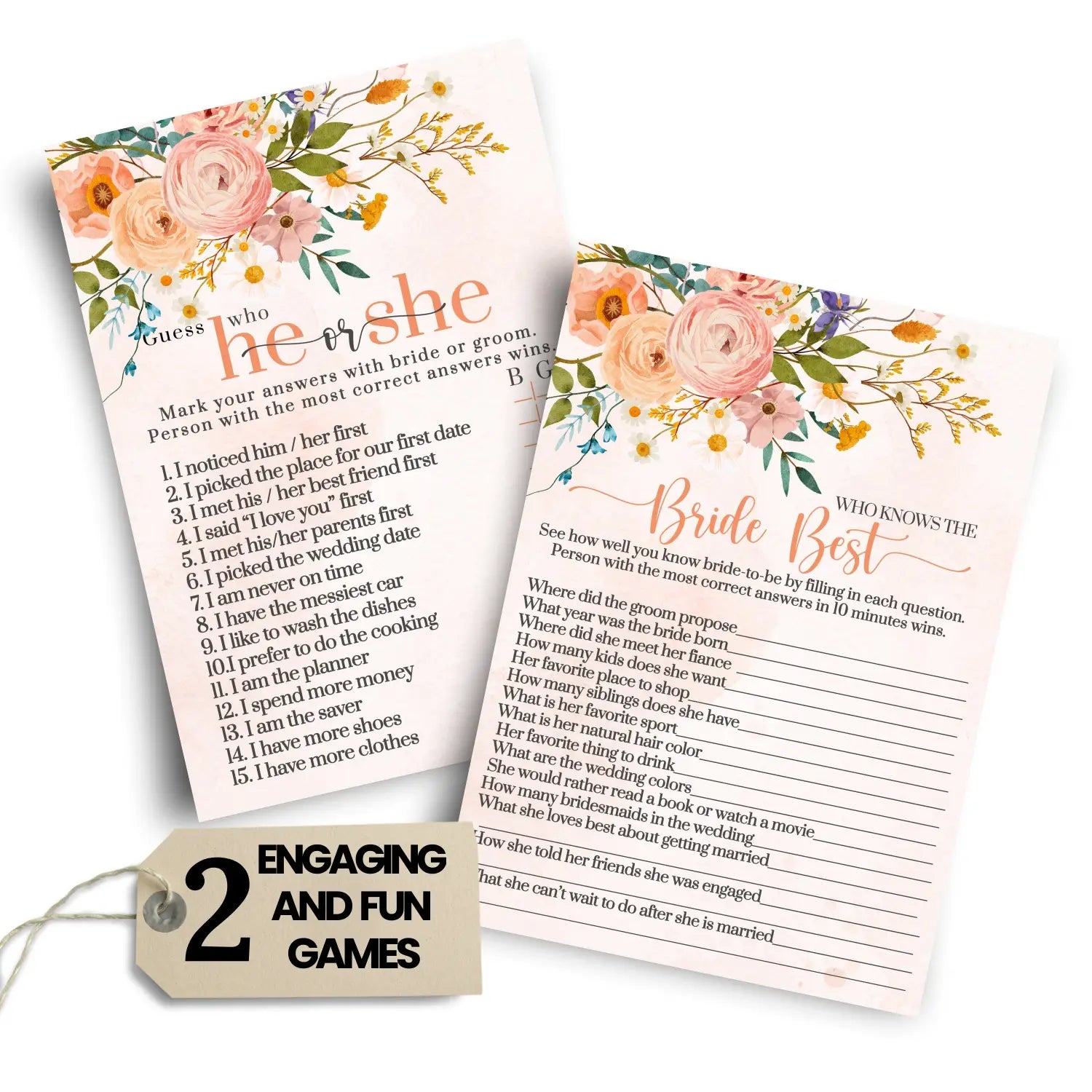Boho bridal shower games - bundle includes he said or she & who knows the bride best game - wedding activity engagement