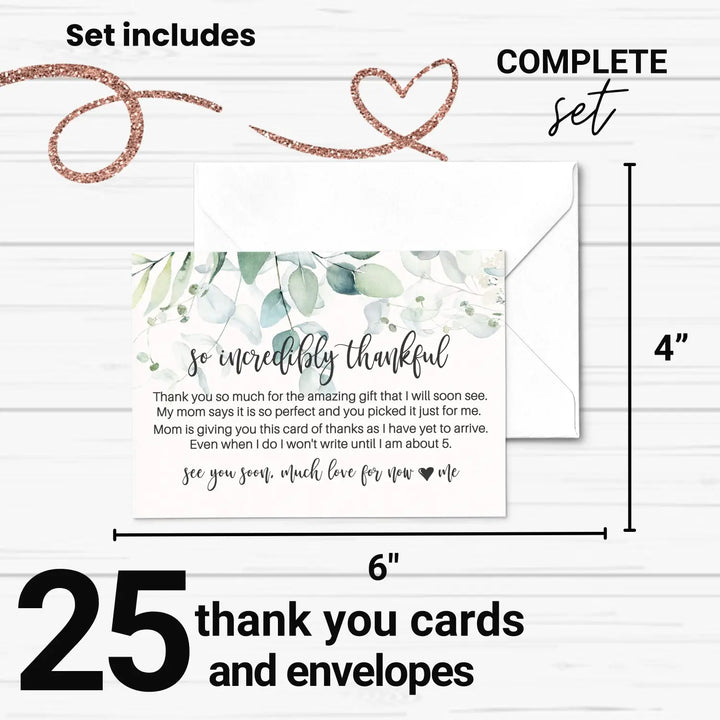 Greenery Thank You Cards for Girls Baby Shower – Personalized Notecards (Pack of 25)