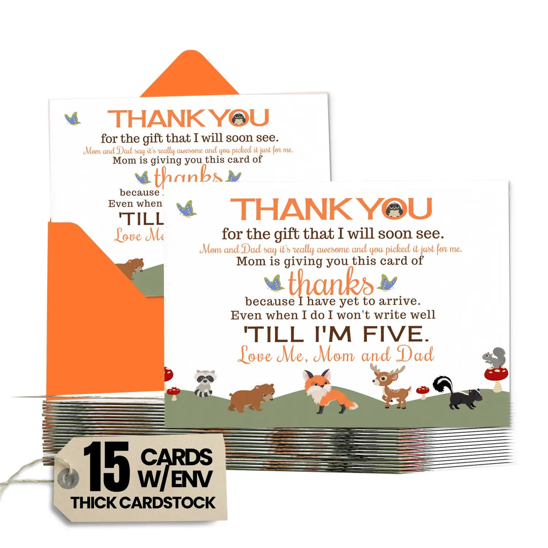 Gender Neutral Woodland Baby Shower Thank You Cards - 15 Pack Notecards with Orange Envelopes, 4x6