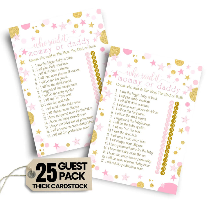 Pink and Gold Baby Shower Game Mommy or Daddy - 25 Pack Guess Who Activity Cards, Twinkle Little Star Princess Themed, Printed 5x7 Set