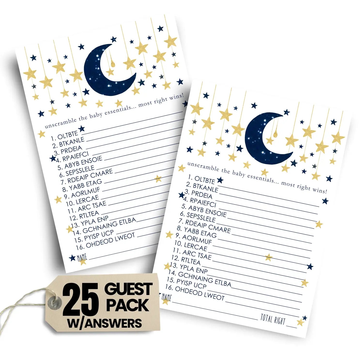 Twinkle little star boy baby shower games - word scramble activities for guests celestial theme decorations blue