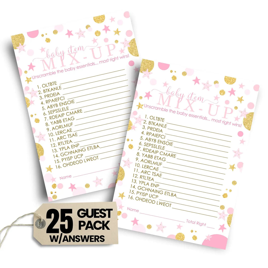 Twinkle Little Star Girl Baby Shower Games - Word Scramble Activities for Guests, Pink and Gold Celestial Decorations, 25 Cards