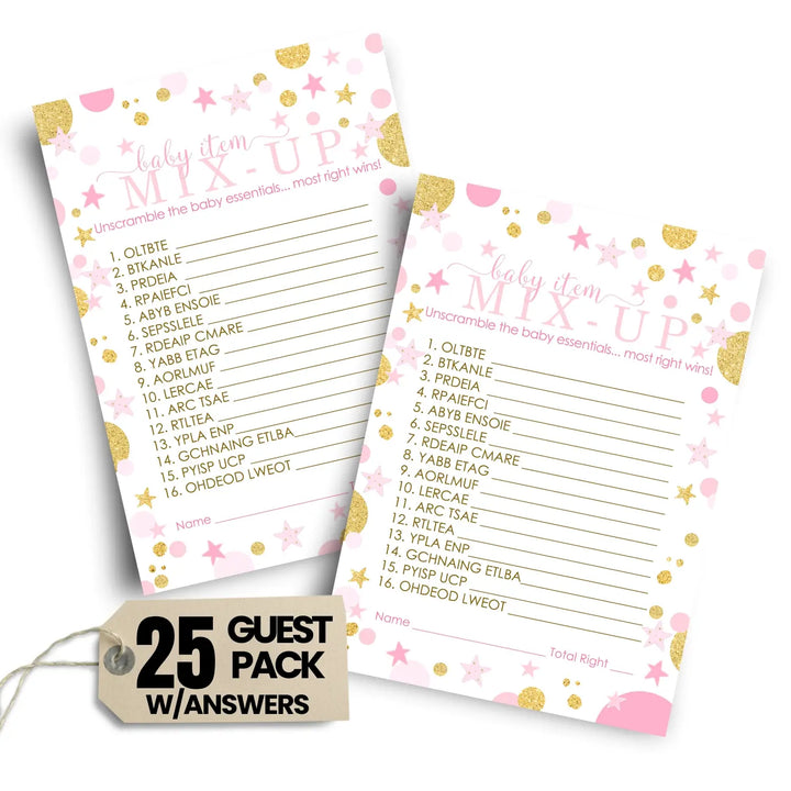 Twinkle Little Star Girl Baby Shower Games - Word Scramble Activities for Guests, Pink and Gold Celestial Decorations, 25 Cards