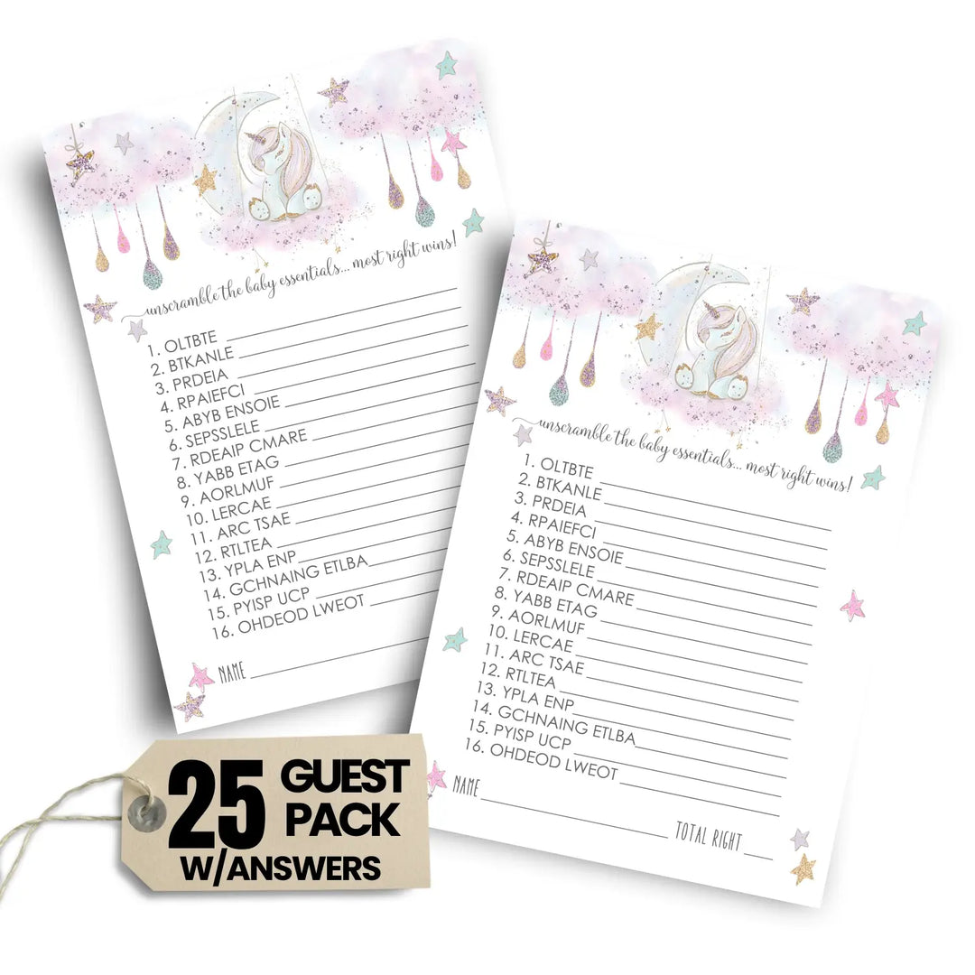 Unicorn Baby Shower Games Word Scramble - 25 Cards, Fun Unscramble Activities for Girl Baby Shower Decorations and Favors