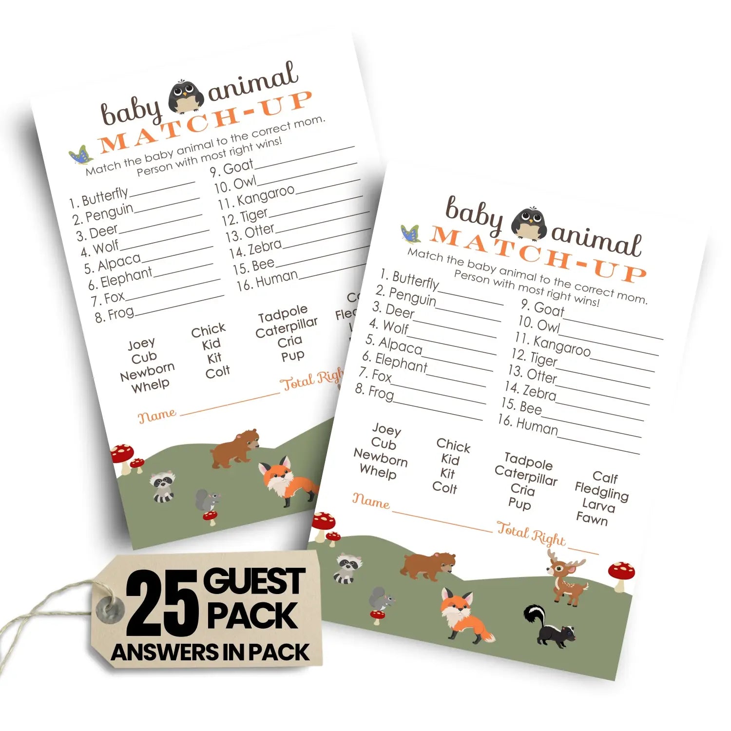 Woodland baby animal matching shower game cards (25 pack) - party games