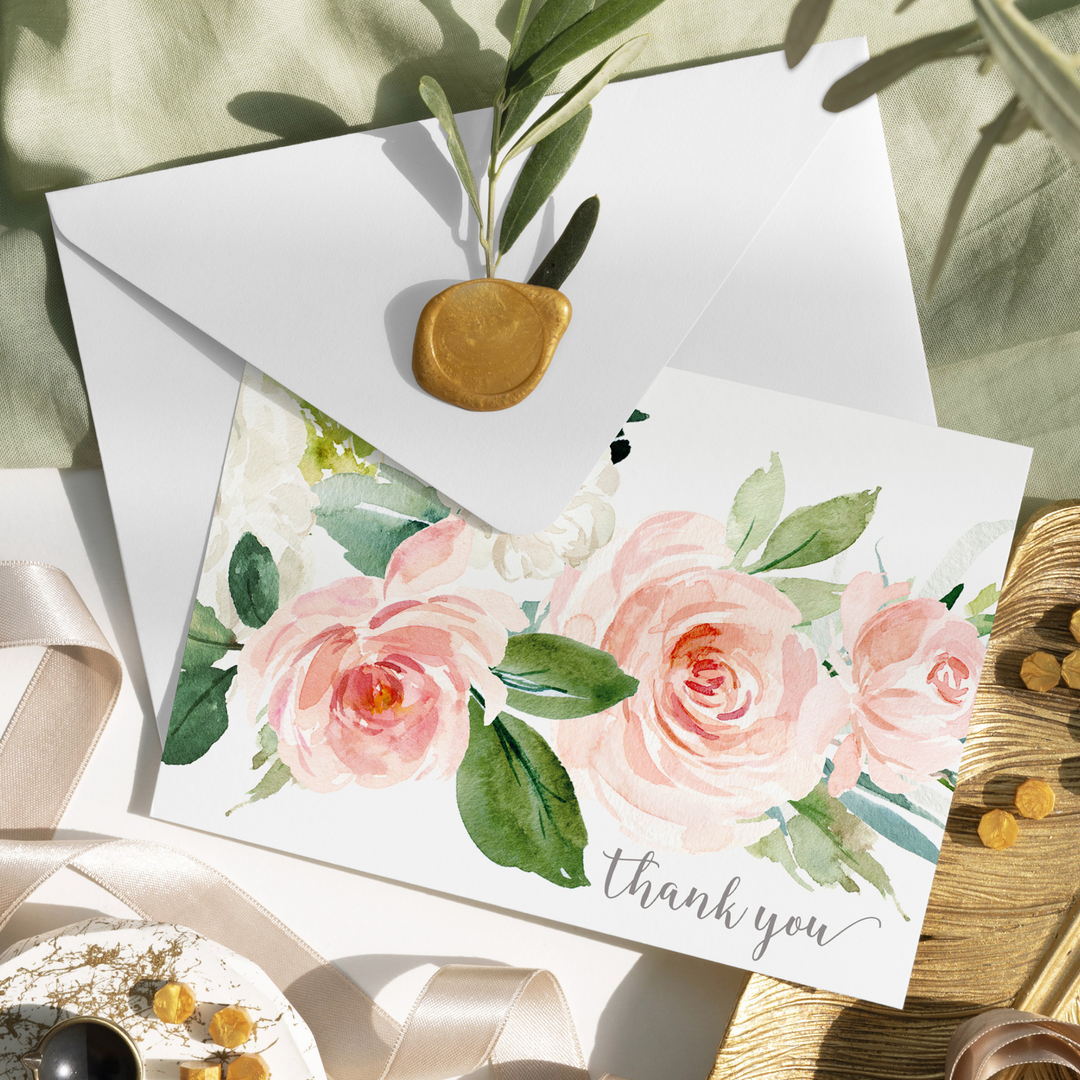 Elegant Floral Thank You Cards - Greenery Blush and Gold, 25 Notecards with Envelopes for Special Moments - Paper Clever Party