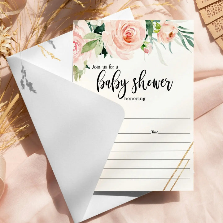 Graceful Floral Baby Shower Invitations Girls, Blank Rustic Invites with Envelopes, DIY 5x7 Cards Blush and Greenery, 25 Pack