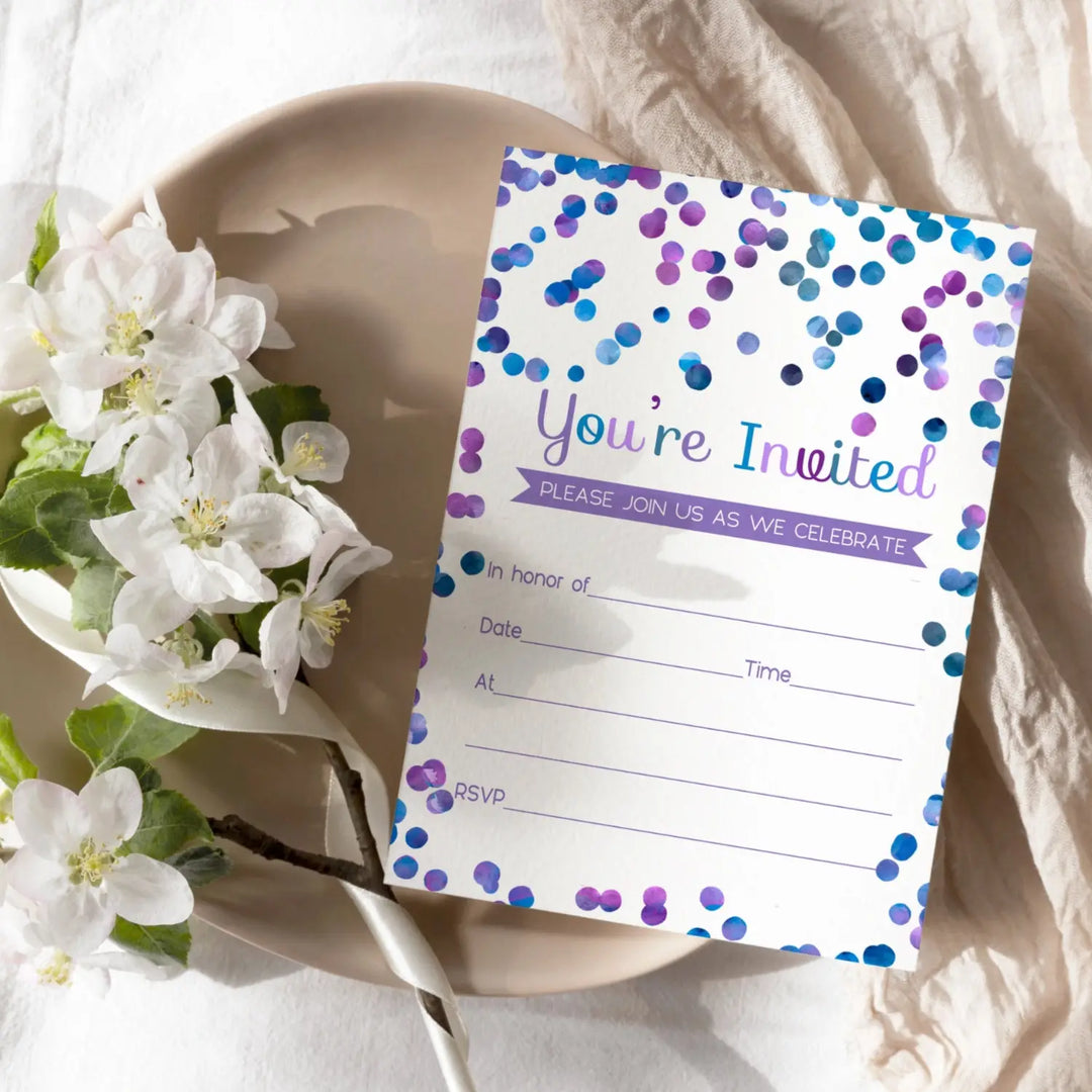 Purple Confetti Invitations with Envelopes (15 Pack)