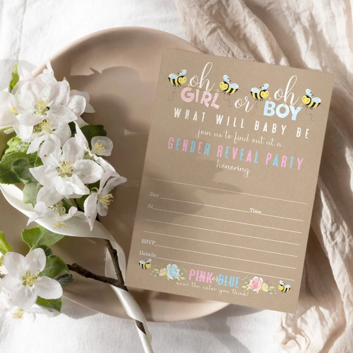 Bee Gender Reveal Invitations with Envelopes, 25 Pack, Customize Party Details, 5x7 Blank Cards