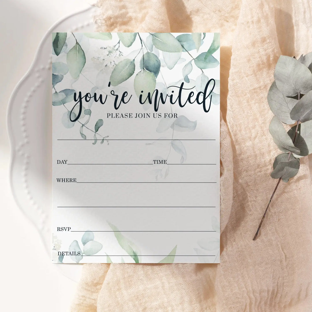 Greenery Bridal Shower Invitations with Envelopes, 25 Pack, Rustic Eucalyptus, 5x7 Blank Cards for All Occasions