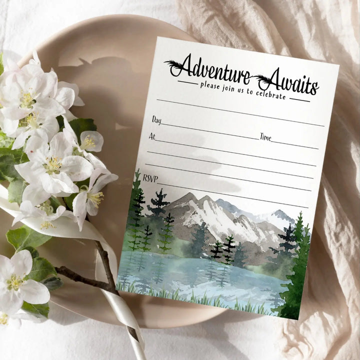 Adventure Awaits Party Invitations with Envelopes, 25 Pack, Rustic Mountain, 5x7 Blank Cards for All Occasions