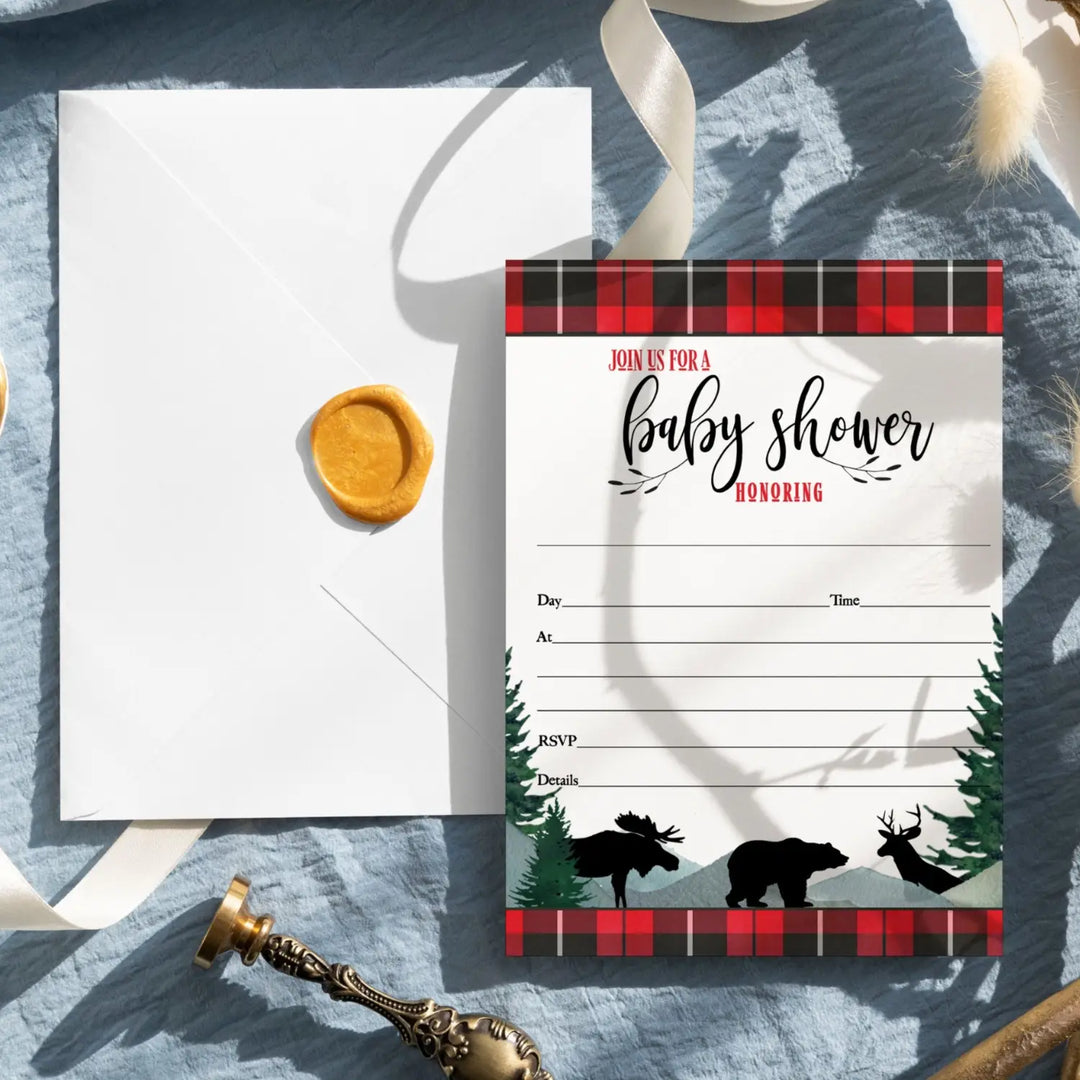 Lumberjack Baby Shower Invitations with Envelopes, 25 Pack, Red and Black, 5x7 Blank Cards for Boys