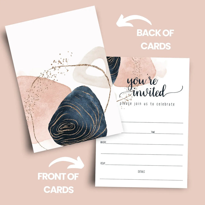 Navy Blue and Pink Watercolor Invitations with Envelopes, 25 Pack, 5x7 Blank Cards for All Occasions