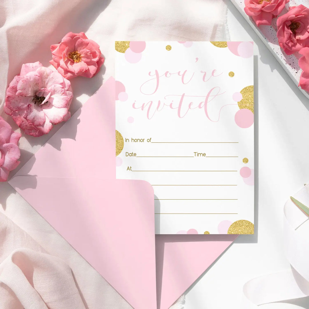 Pink and Gold Invitations with Envelopes (15 Pack)