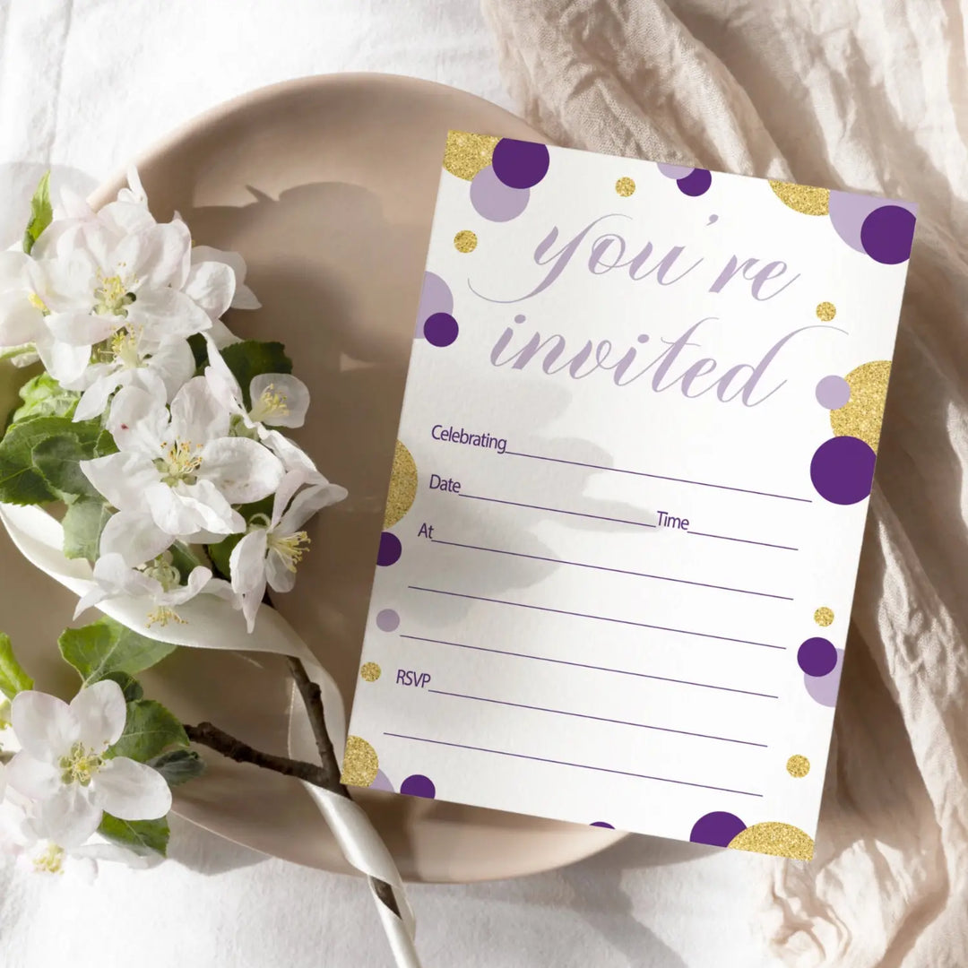 Purple and Gold Invitations with Envelopes (15 Pack)