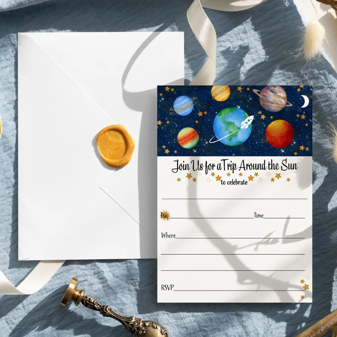 Around the Sun Party Invitations with Envelopes, 25 Pack, Space and Rocketship, 5x7 Blank Cards