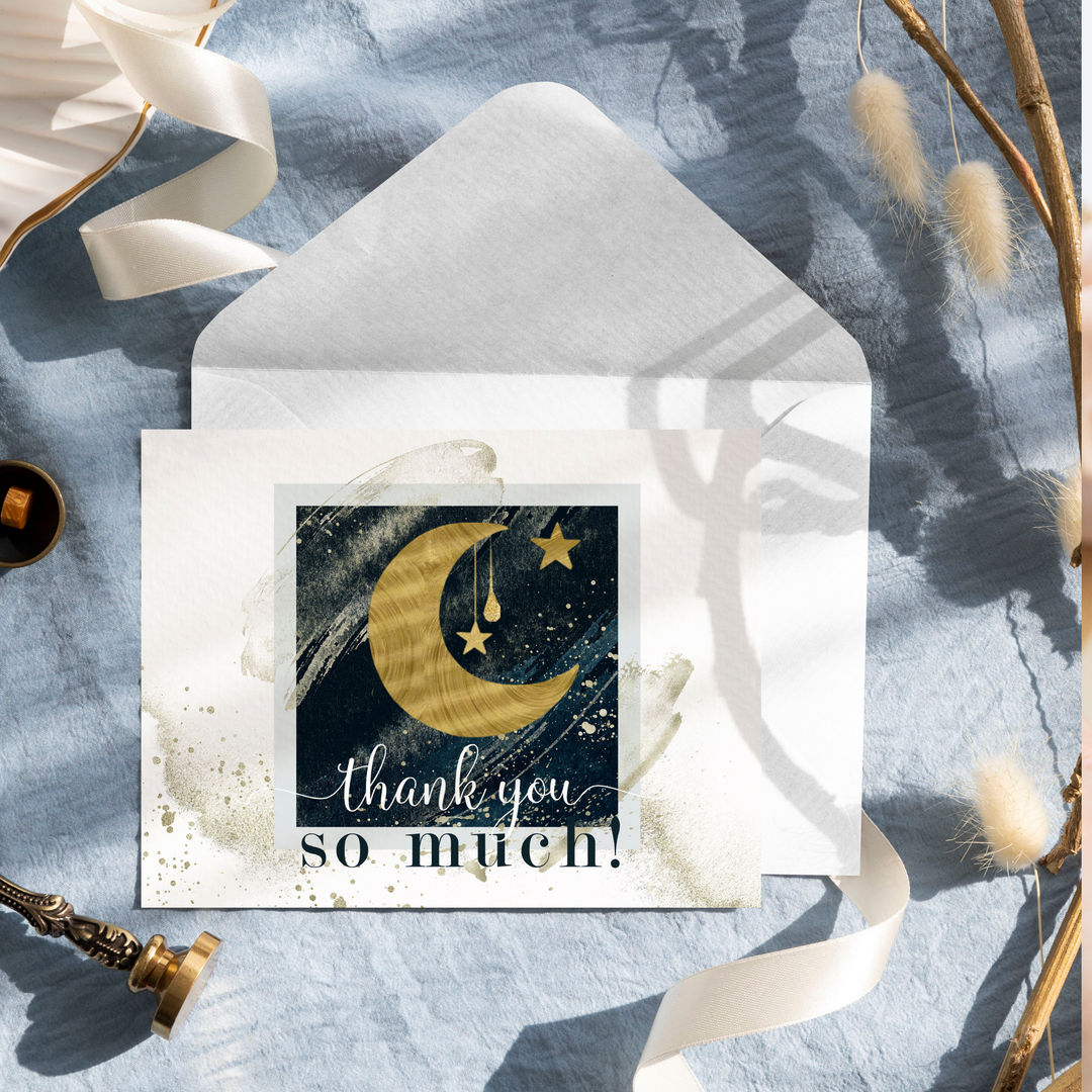 Celestial Star & Moon Themed Thank You Cards - 25-Pack, Blue and Gold Notecards with Envelopes - Paper Clever Party