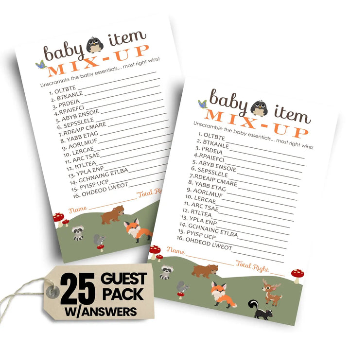 Woodland Baby Shower Word Scramble Game - 25 Pack Unscramble Activity Cards for Gender Reveal - Rustic Forest Animal Theme for Boy Girl - Printed 4 x 6 Size Set