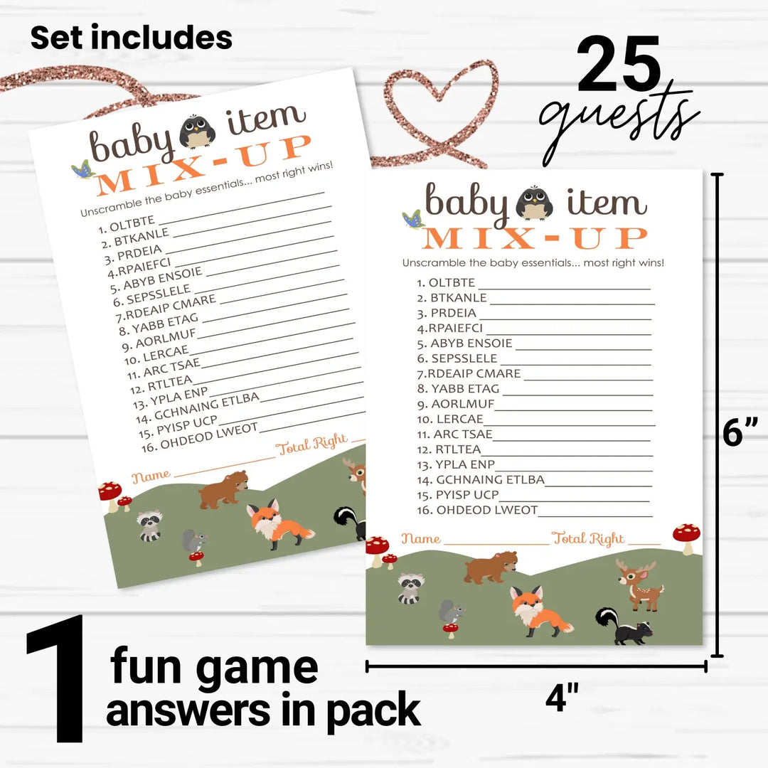 Woodland Baby Shower Word Scramble Game - 25 Pack Unscramble Activity Cards for Gender Reveal - Rustic Forest Animal Theme for Boy Girl - Printed 4 x 6 Size Set