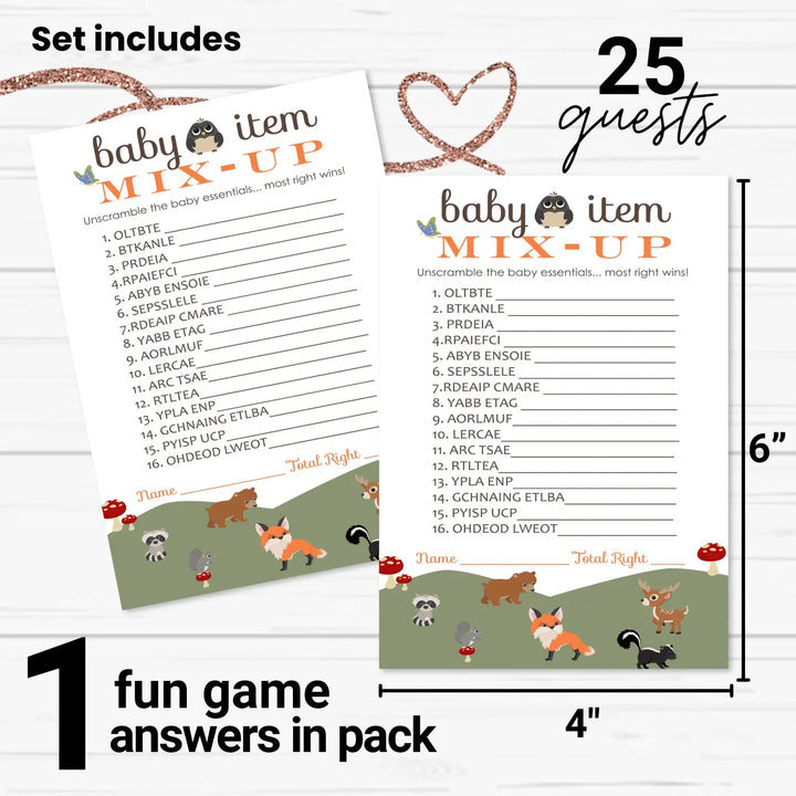 Woodland Baby Shower Word Scramble Game - 25 Pack Unscramble Activity Cards for Gender Reveal - Rustic Forest Animal Theme for Boy Girl - Printed 4 x 6 Size Set