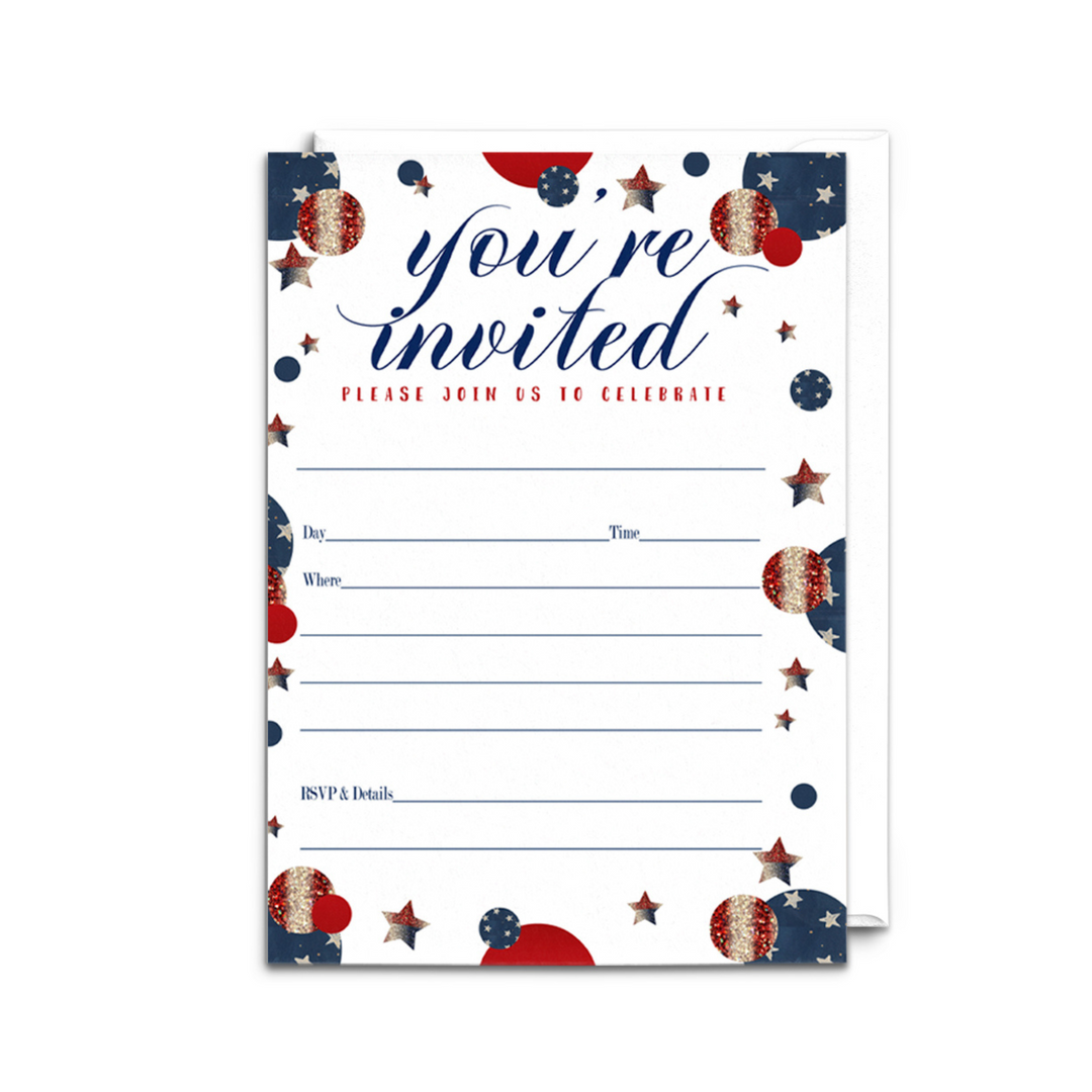 Festive Stars Invitations with Envelopes, 25 Pack, Red and Blue, 5x7 Blank Cards for All Occasions - Paper Clever Party