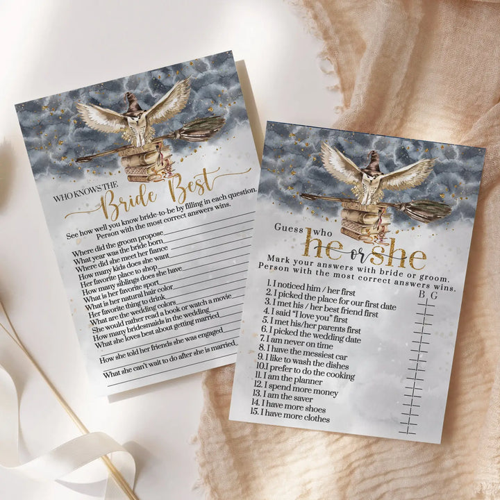 Magic Owl Bridal Shower Games – Bundle Includes He Said or She Said & Who Knows the Bride Best Wedding Shower Game Engagement Party, Rehearsal Dinner, Black and Gold Design, 25 Double-Sided Card