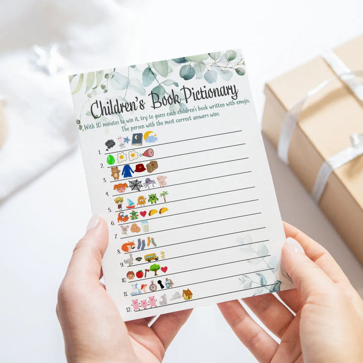 Paper Clever Party Greenery Baby Shower Pictogram Guessing Game - Rustic Floral Eucalyptus Design for Girls, Interactive Storybook Challenge, 25 Card Pack