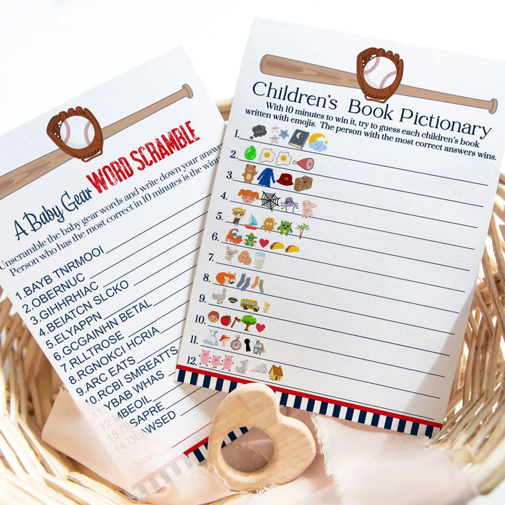 Baseball Baby Shower Game Set, Red & Blue, Word Scramble and Storybook Guessing Activity