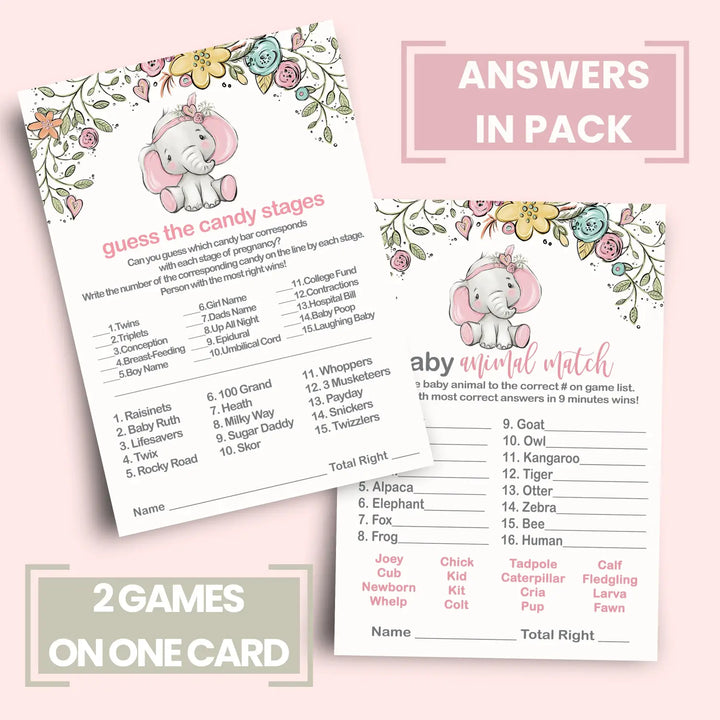 Cottage Elephant Baby Shower Game Set, Pink Floral, Animal Matching and Candy Bar Match