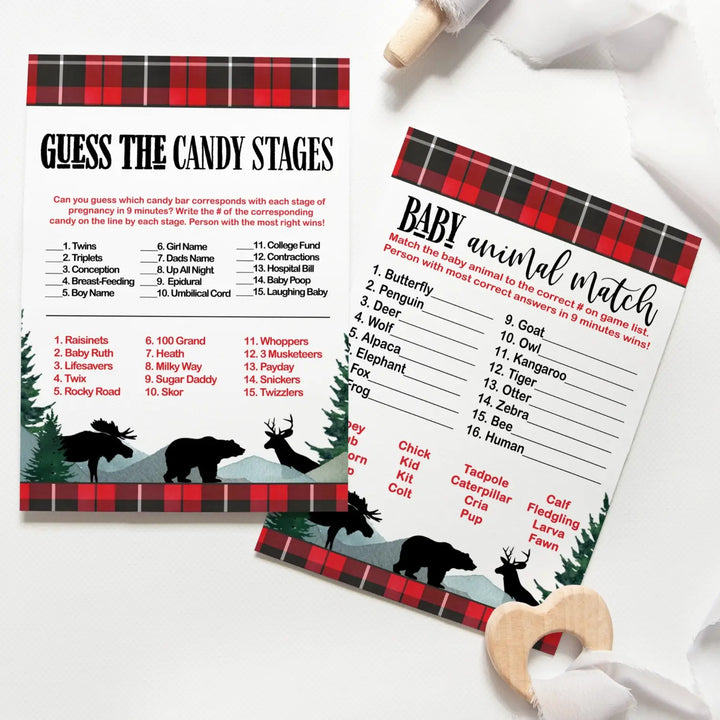 Lumberjack Baby Shower Game Set, Animal Matching and Candy Bar Guessing, Rustic Red & Black