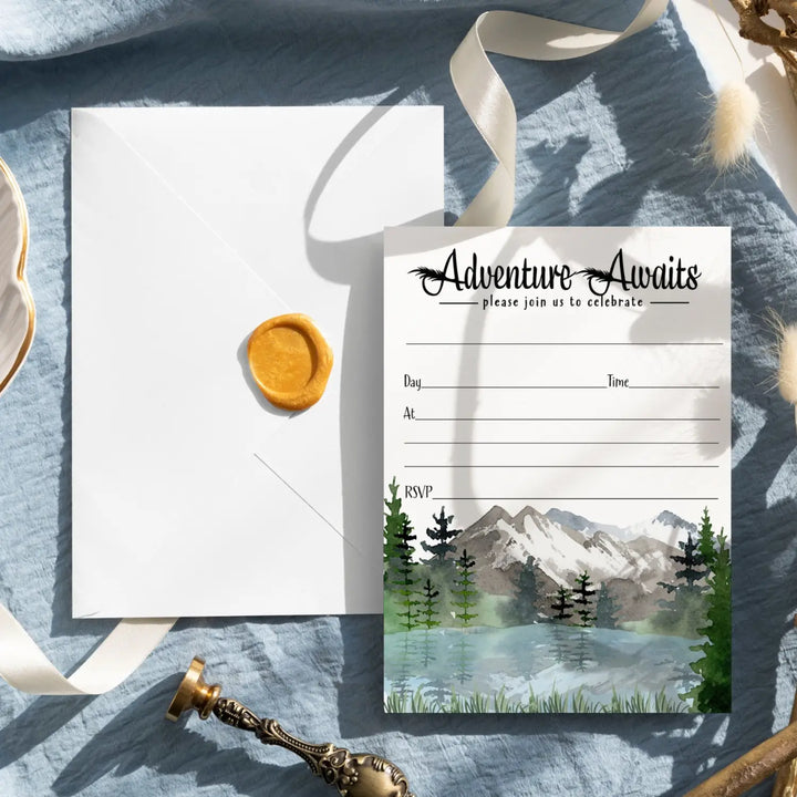 Adventure Awaits Party Invitations with Envelopes, 25 Pack, Rustic Mountain, 5x7 Blank Cards for All Occasions