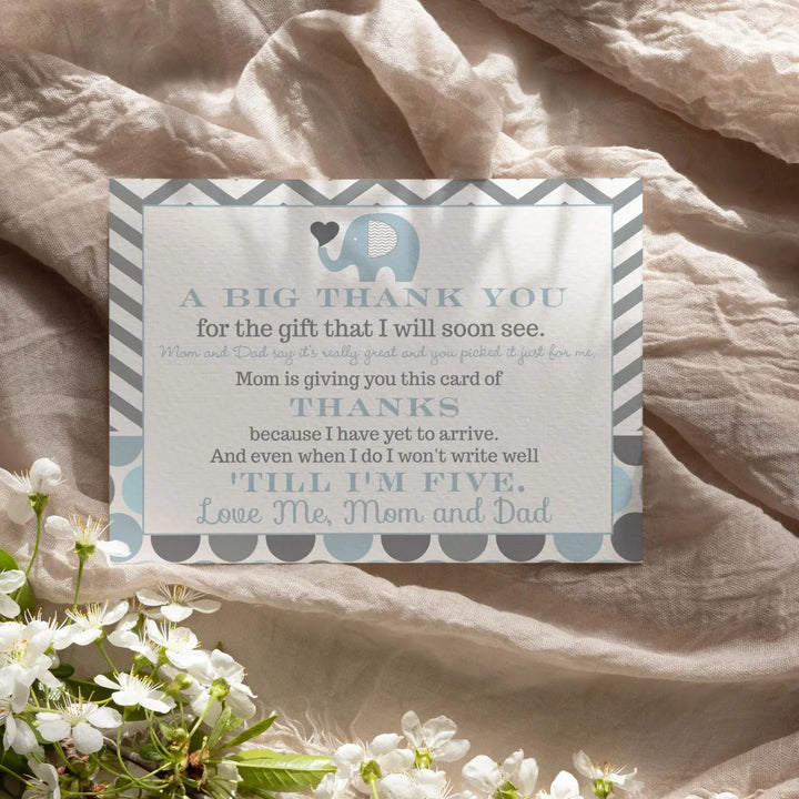 Blue Elephant Boys Baby Shower Thank You Cards - 15 Pack with Gray Envelopes, 4x6