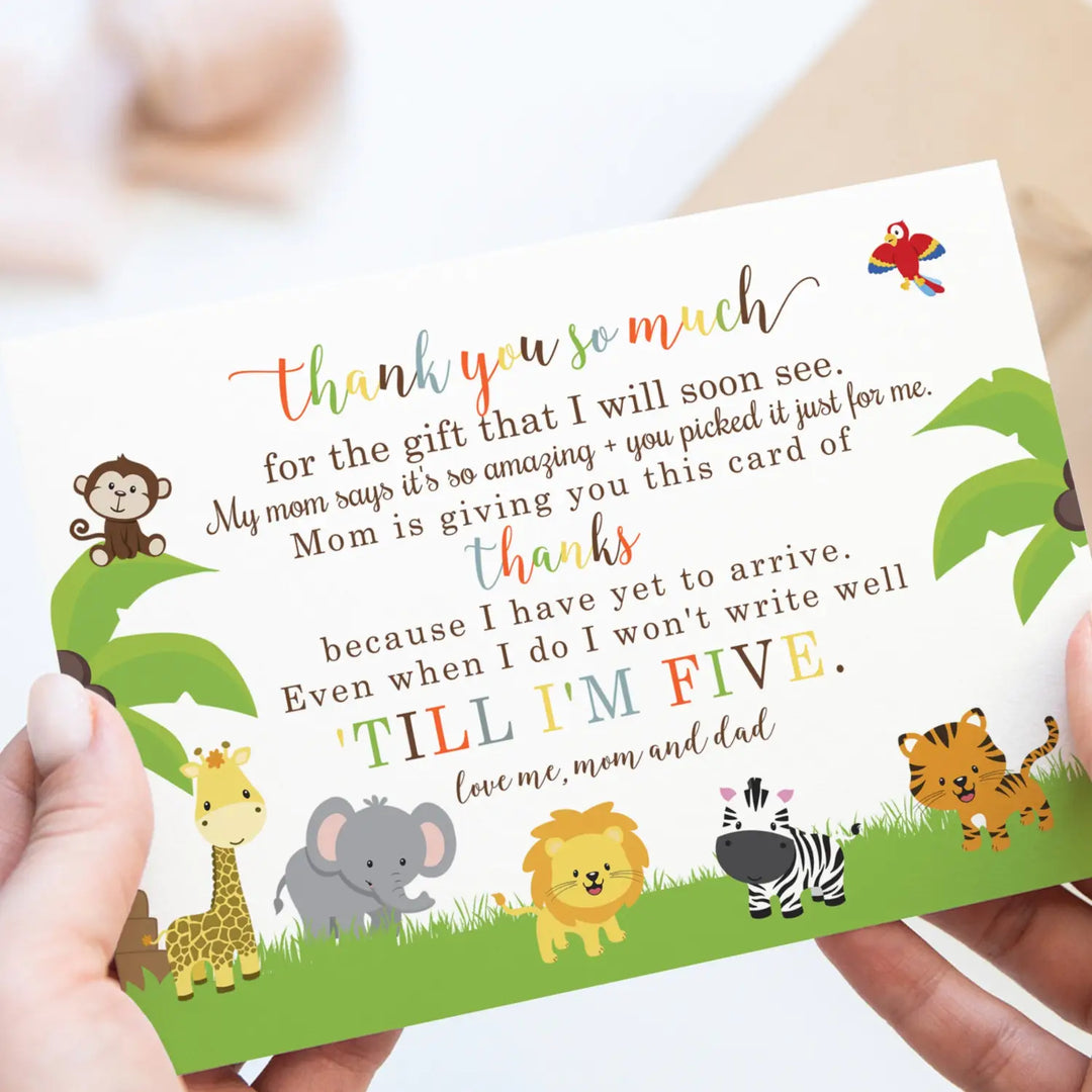 Cute Jungle Baby Shower Thank You Cards - Unisex (15 Pack) with Orange Envelopes, 4x6