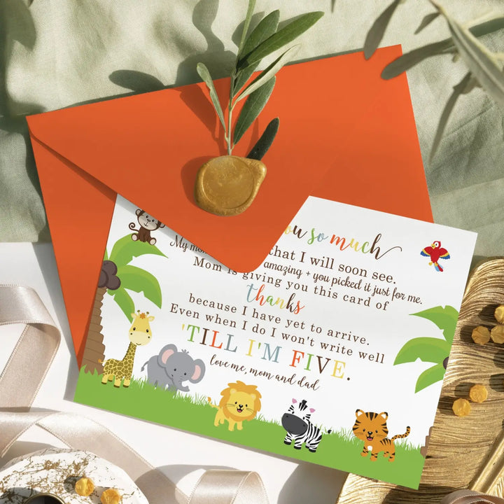 Cute Jungle Baby Shower Thank You Cards - Unisex (15 Pack) with Orange Envelopes, 4x6