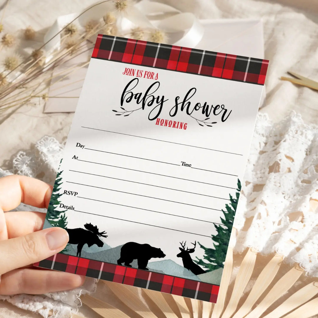 Lumberjack Baby Shower Invitations with Envelopes, 25 Pack, Red and Black, 5x7 Blank Cards for Boys