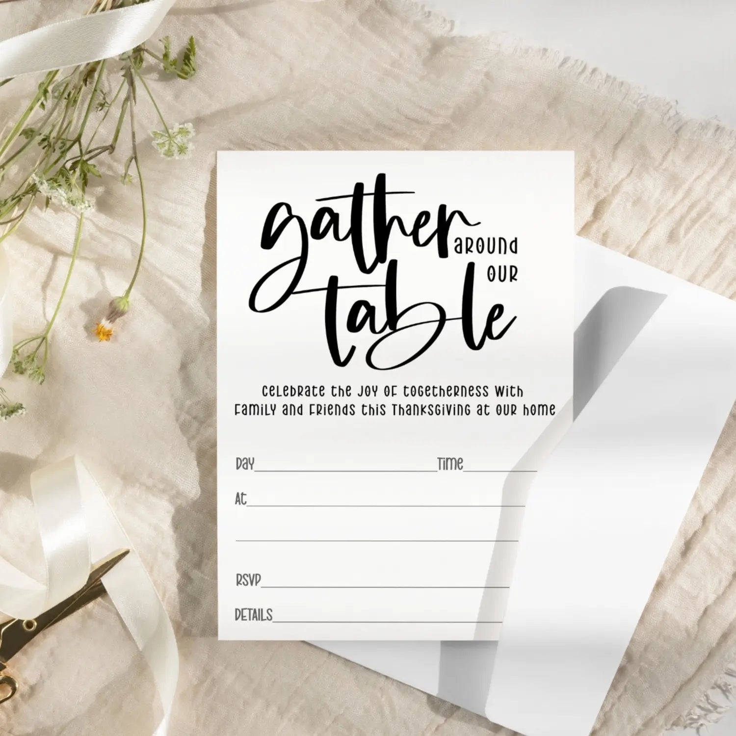 Modern calligraphy thanksgiving invitations with envelopes - 20 pack - gather around our table friendsgiving