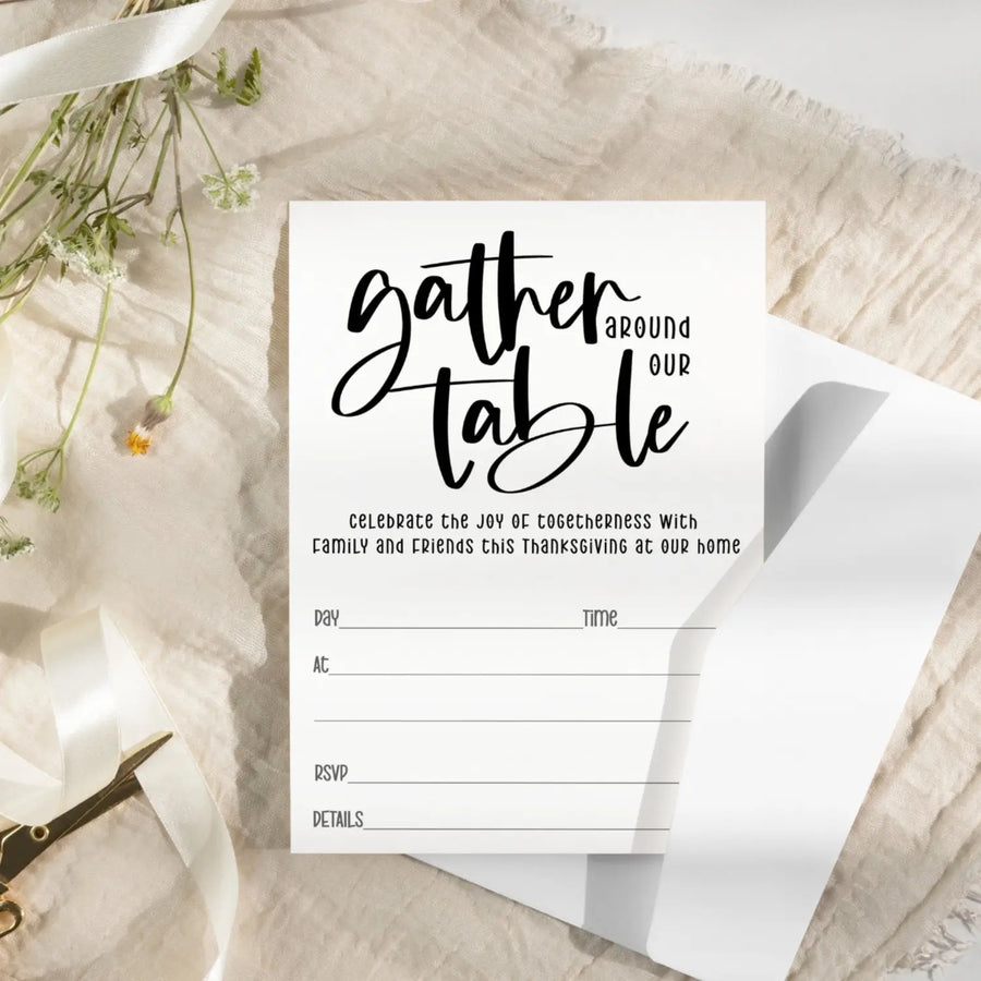 Modern calligraphy thanksgiving invitations with envelopes - 20 pack - gather around our table friendsgiving