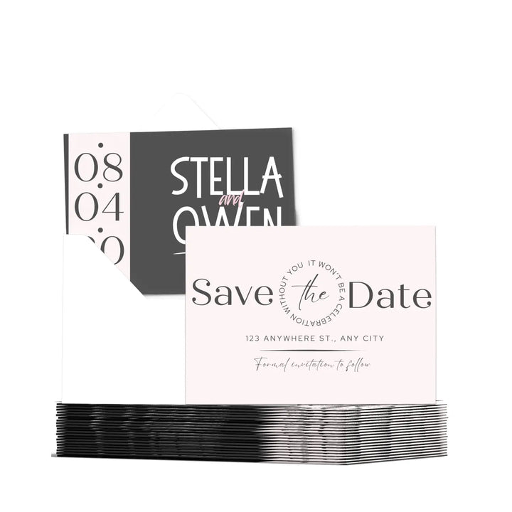 Custom blush and slate gray save the date cards - personalized 4x6 inch invitations with elegant typography white