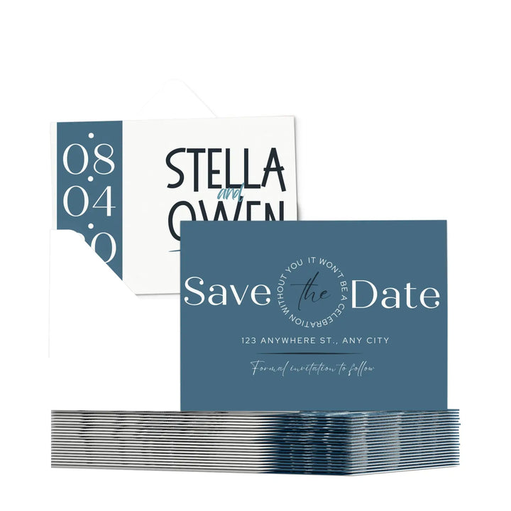 Custom dusty blue cream and black save the date cards - personalized 4x6 inch invitations with elegant typography white