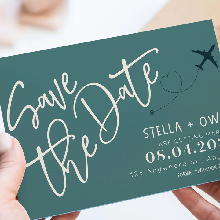 Custom teal black and creamy white save the date cards - personalized 4x6 inch invitations with elegant typography