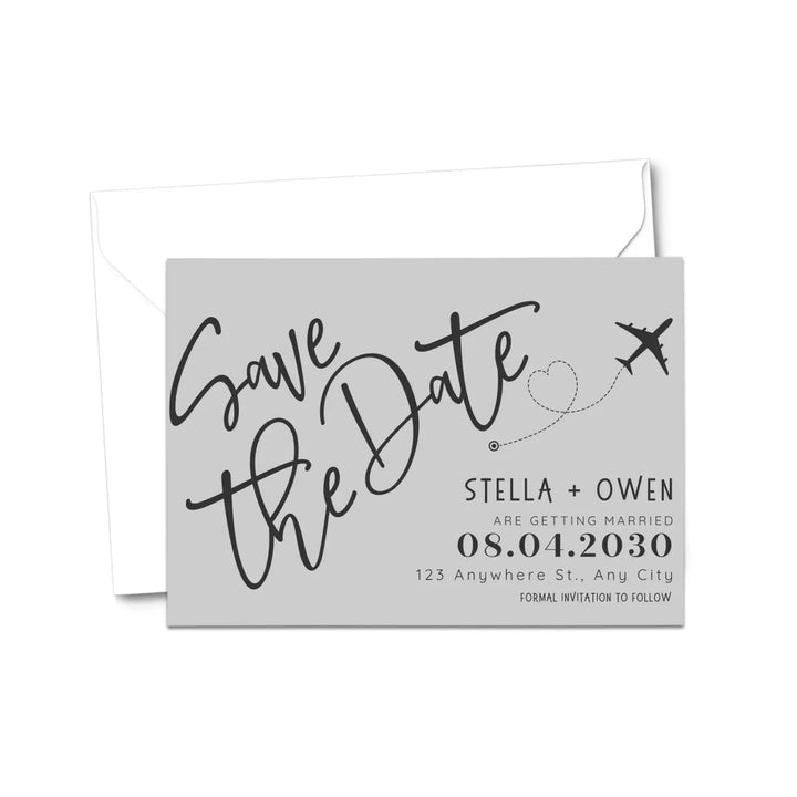 Custom grey and black save the date cards - personalized 4x6 inch invitations with elegant typography white envelopes